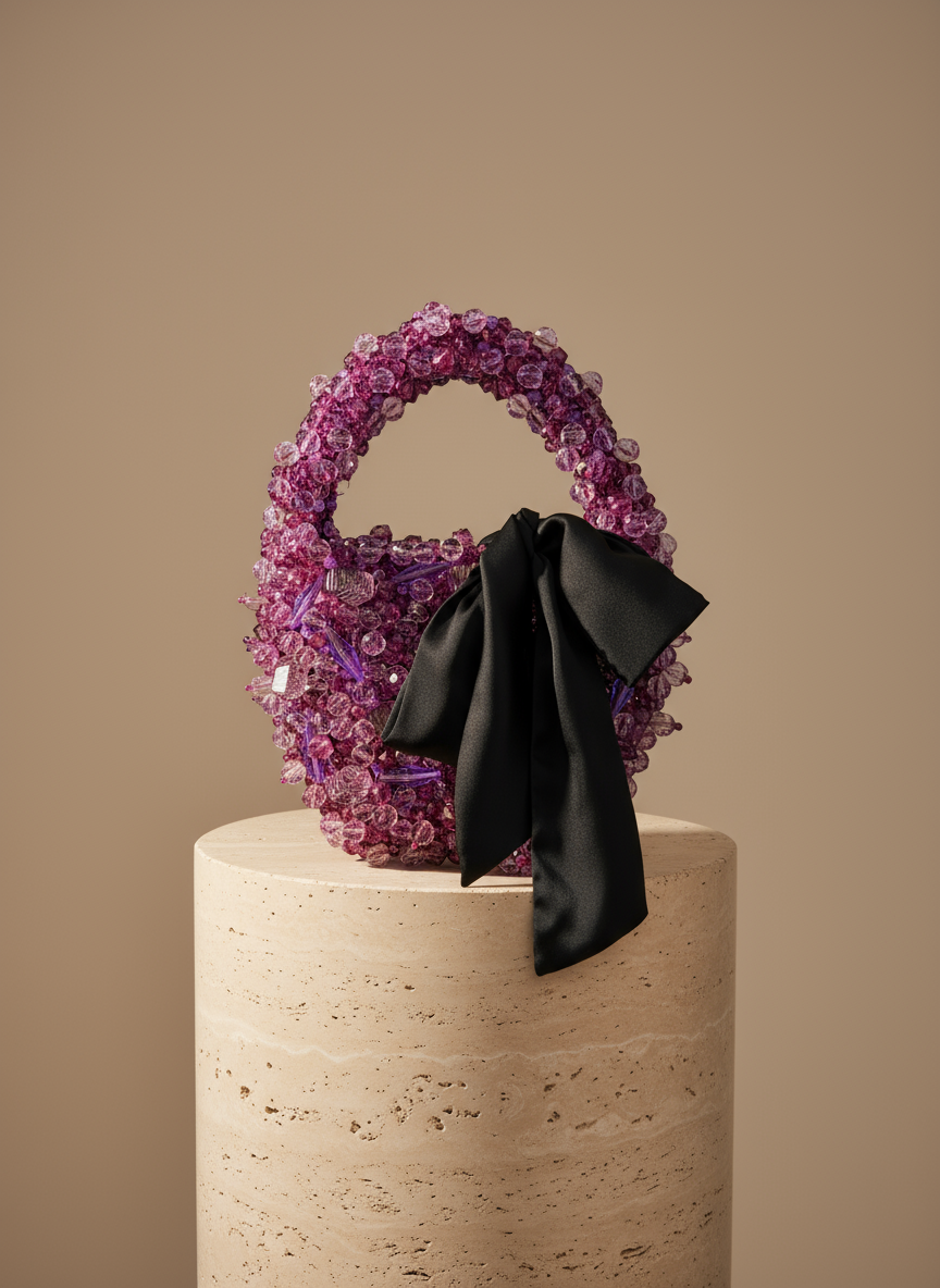 Purple handbag with a black bow on a beige pedestal against a beige background
